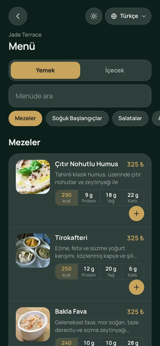 Örnek QR menü: Yemek ve İçecek sekmeleri, arama, kategori düğmeleri ve kalori ile besin değerleri gösterilen fotoğraflı ürünler